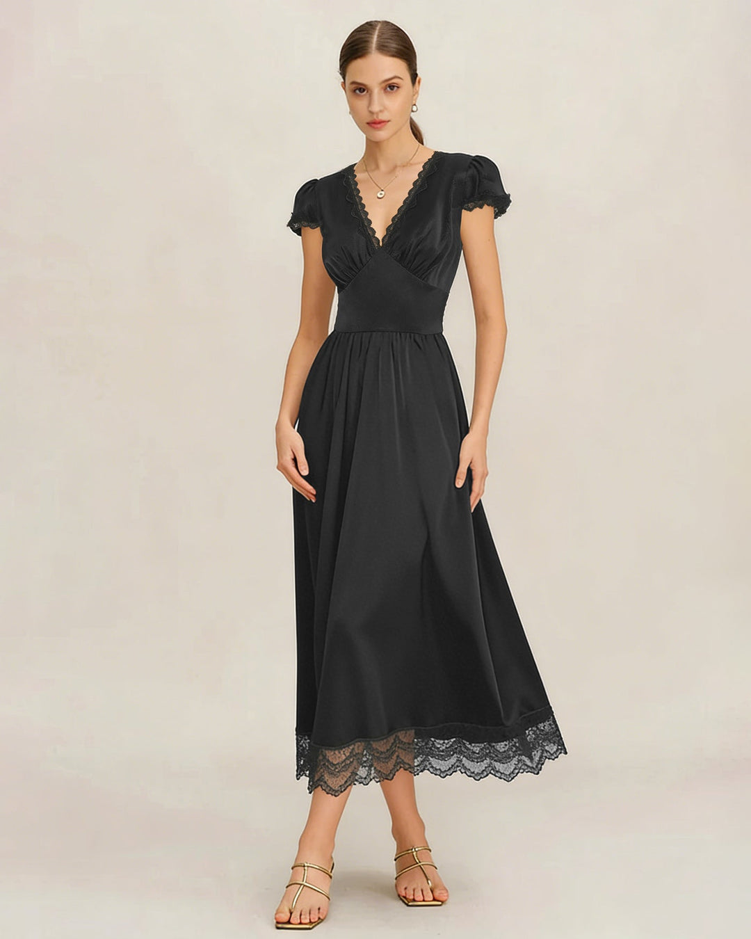Black V Neck Lace Puffed Sleeve Maxi Dress