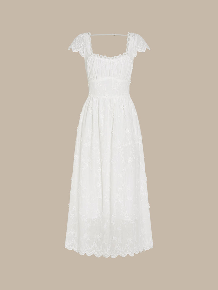 White Square Neck Lace Flowers Maxi Dress