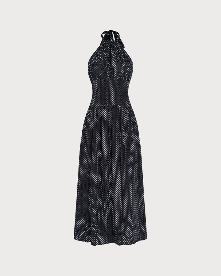 Black Halter Tie Polka Dot Maxi Dress