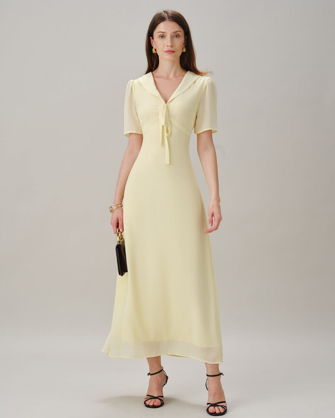 Yellow V Neck Tie Tunic Maxi Dress