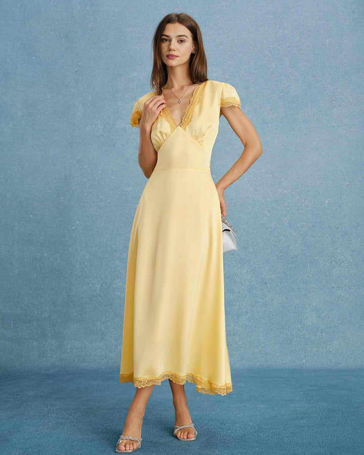 Yellow V Neck Lace Splicing Maxi Dress