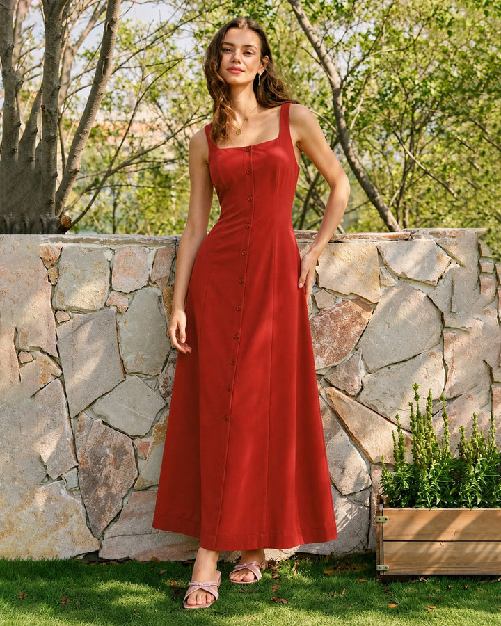 Red Square Neck Button Maxi Dress