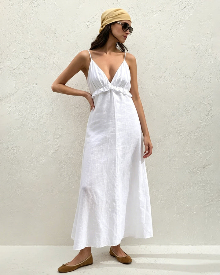 White Solid Ruched Slip Maxi Dress