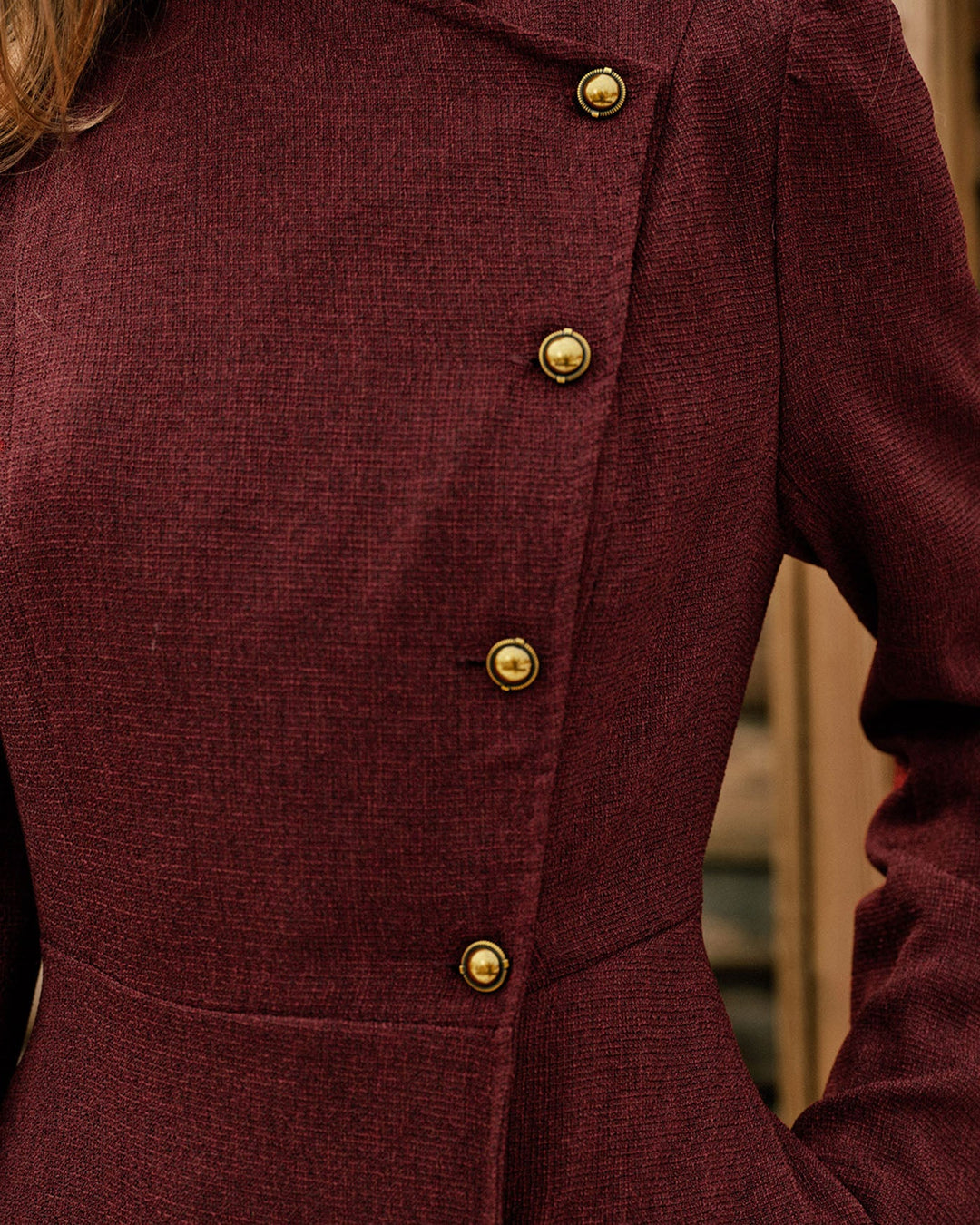 Wine Red Mock Neck Button Maxi Dress