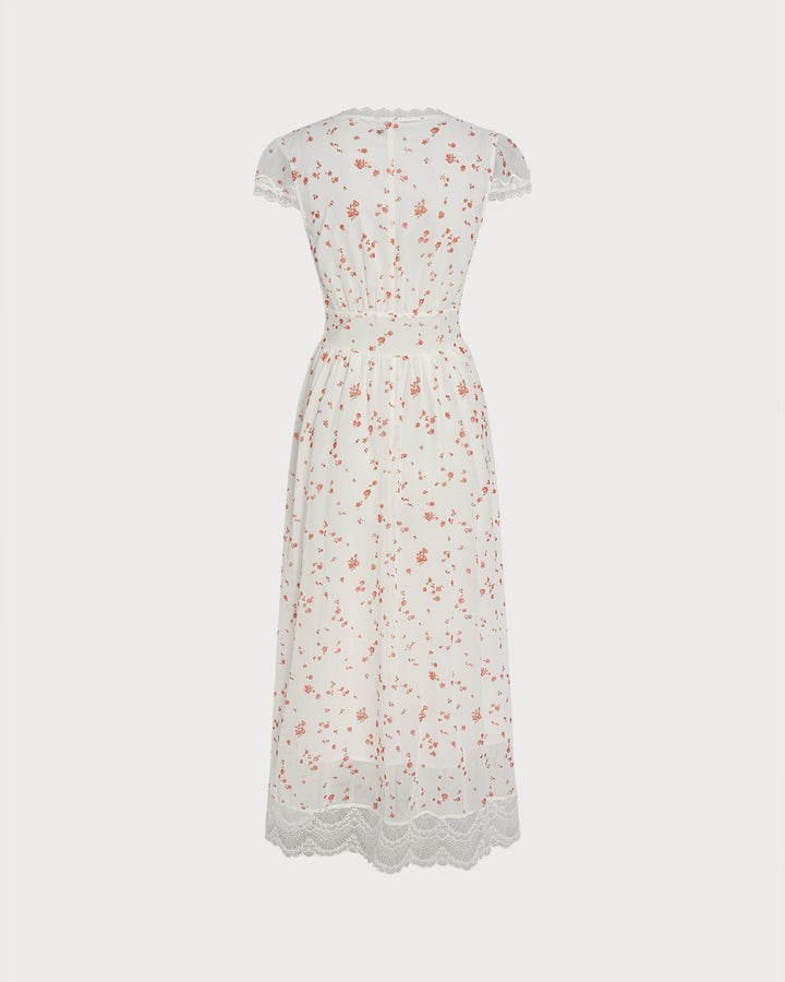 Off White V Neck Lace Floral Maxi Dress