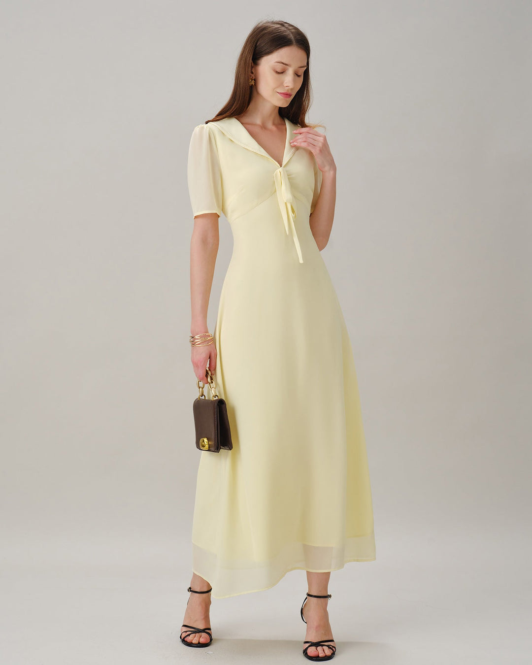 Yellow V Neck Tie Tunic Maxi Dress