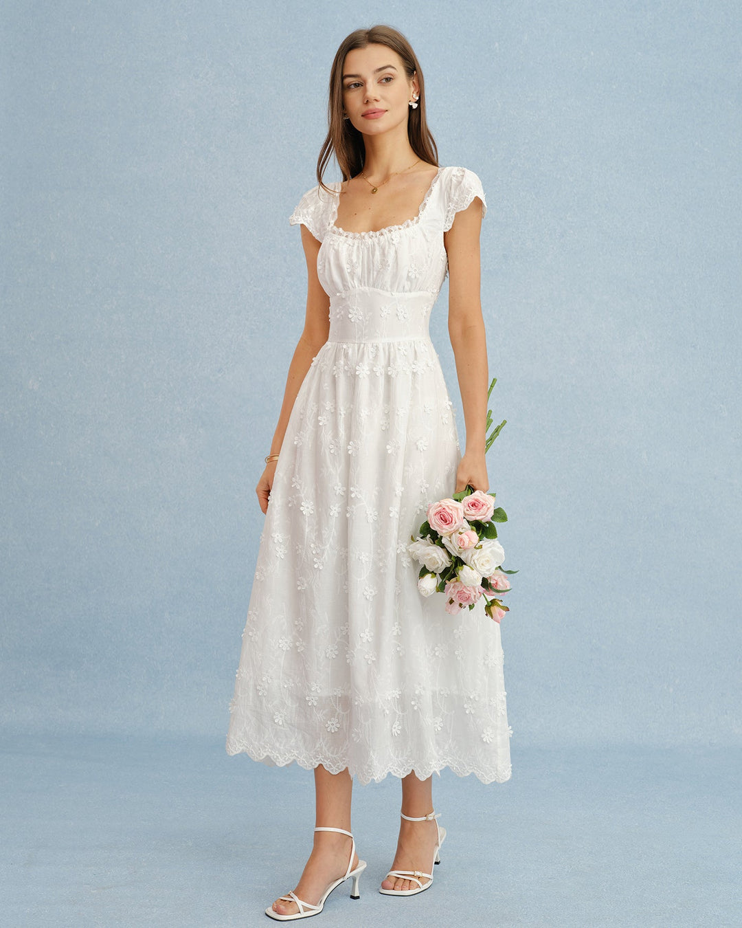White Square Neck Lace Flowers Maxi Dress