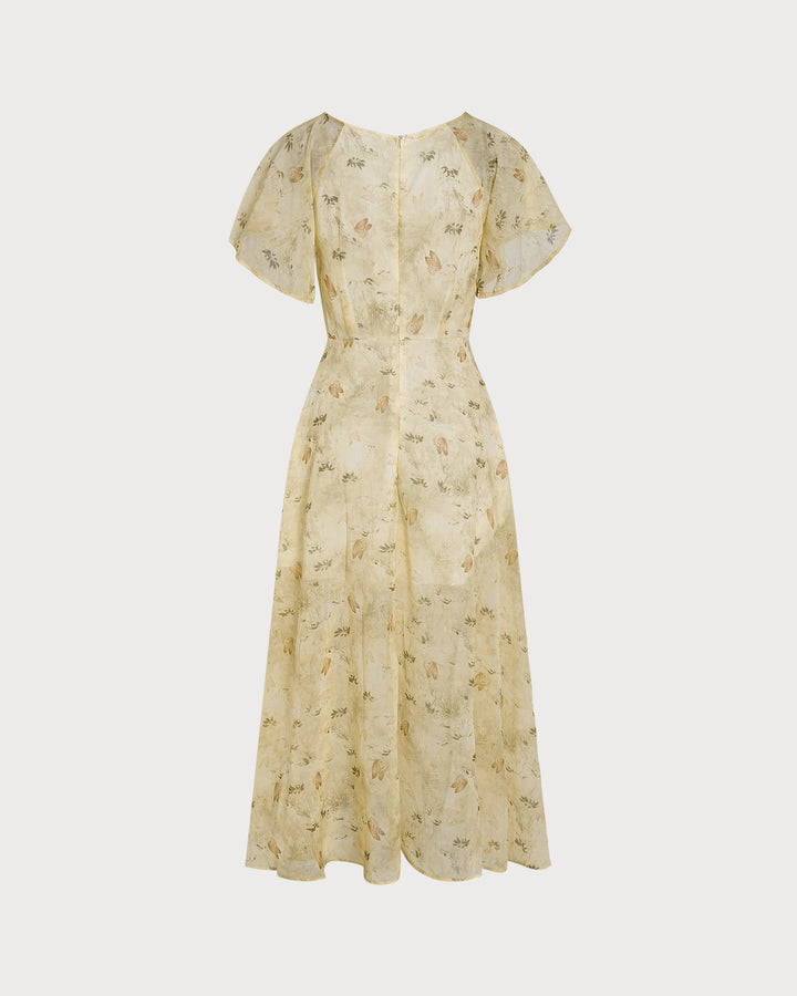 Yellow V Neck Ruched Floral Maxi Dress
