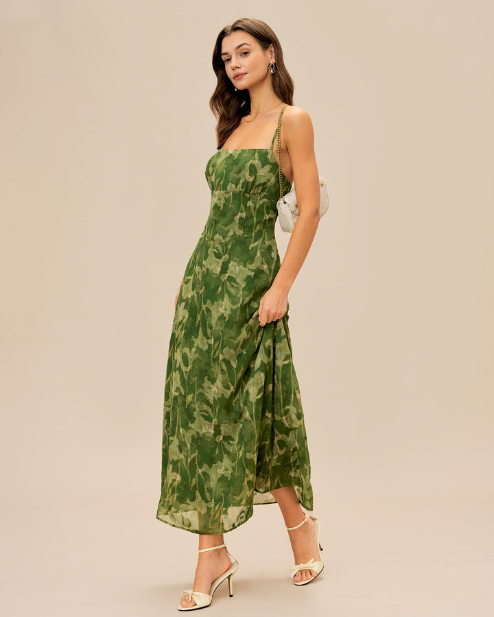 Green Floral X Cross Slip Maxi Dress