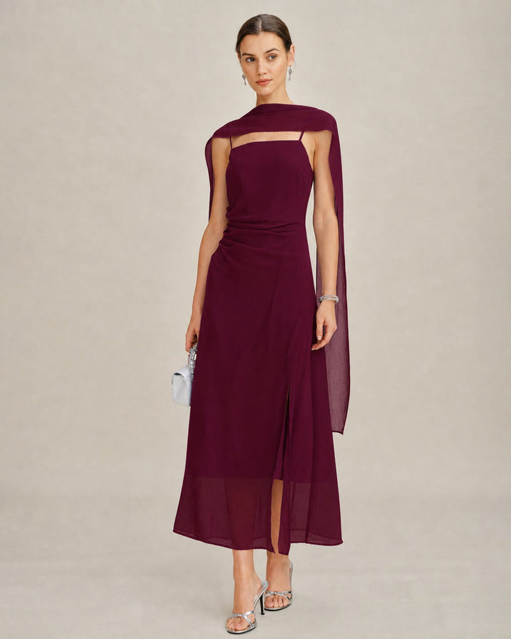 Wine Red Cowl Neck Tie Chiffon Maxi Dress