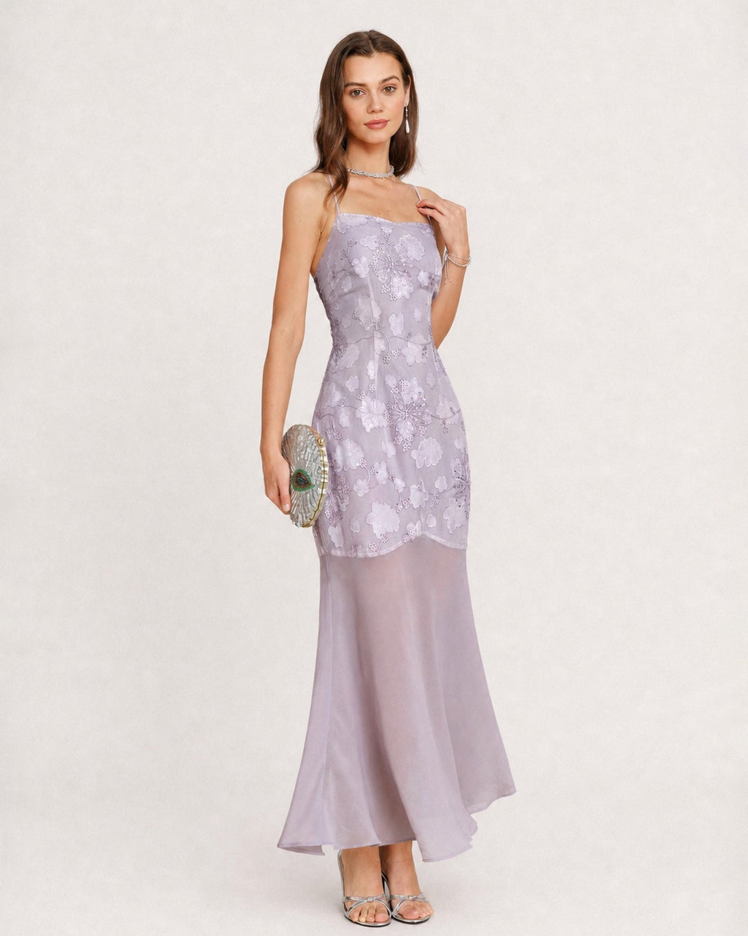 Purple Sequins Jacquard Slip Maxi Dress