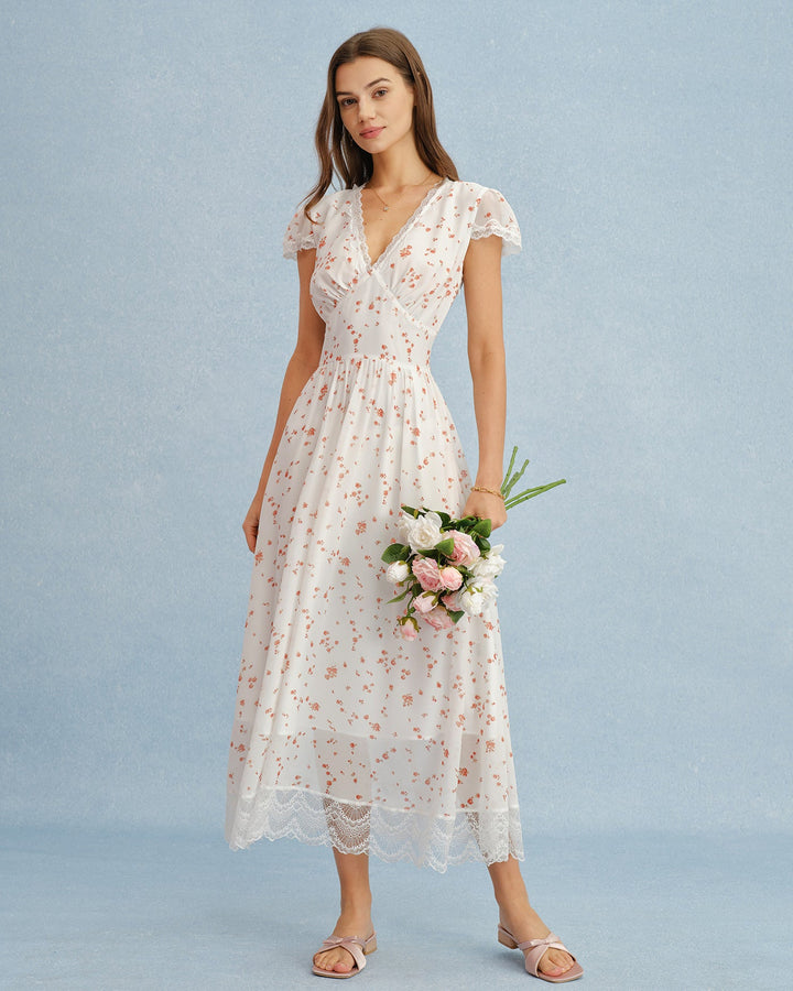 Off White V Neck Lace Floral Maxi Dress