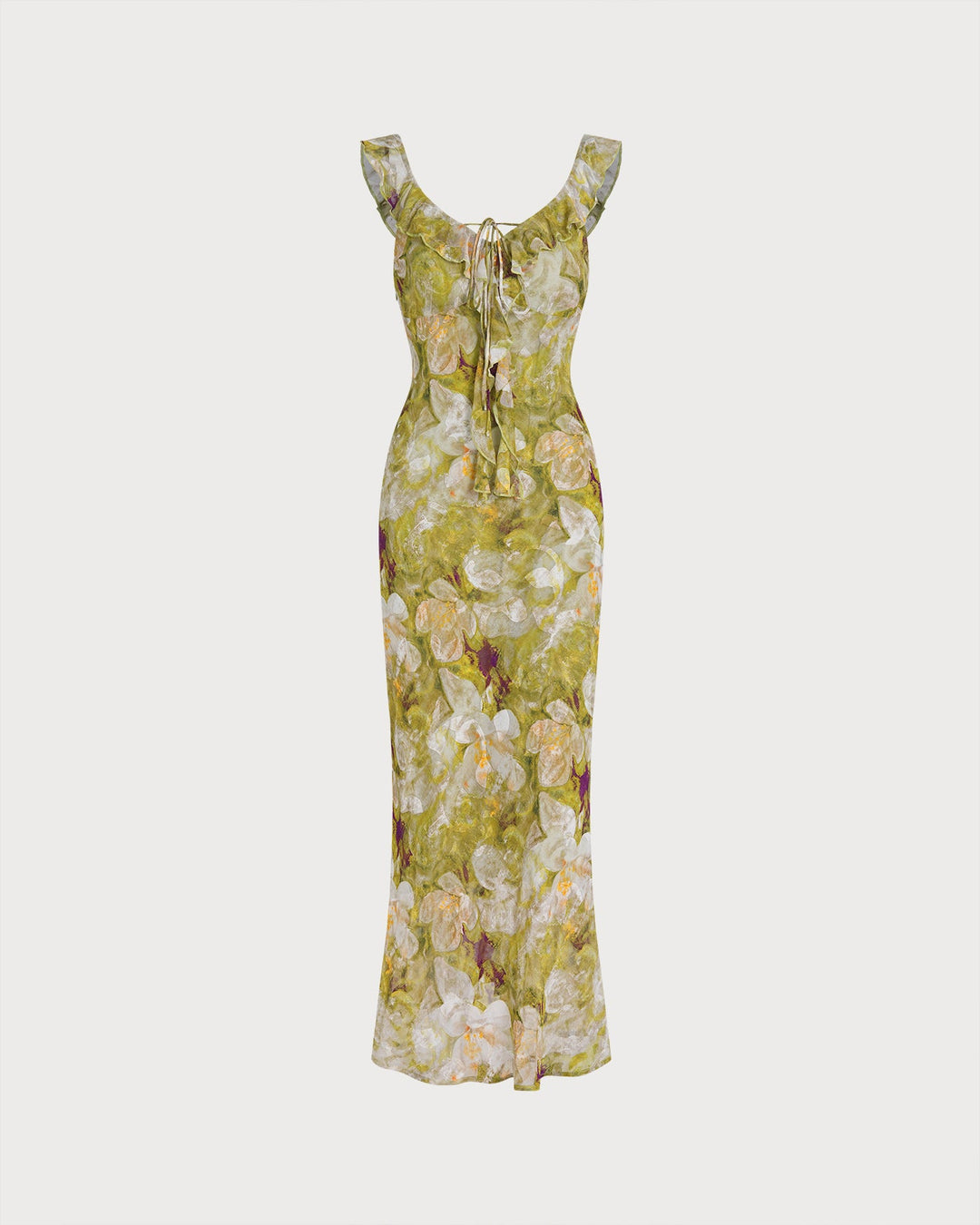 Green V Neck Floral Ruffle Maxi Dress