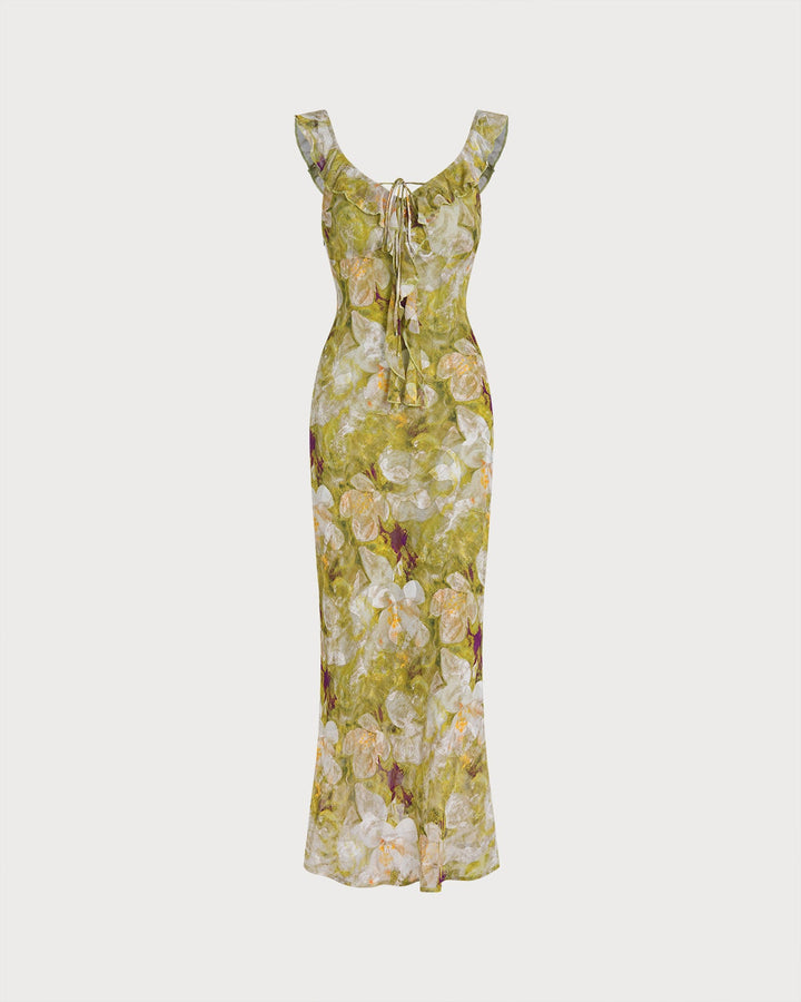 Green V Neck Floral Ruffle Maxi Dress