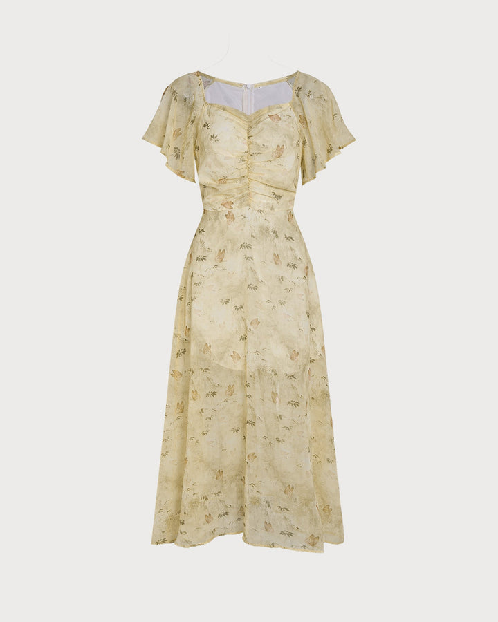 Yellow V Neck Ruched Floral Maxi Dress