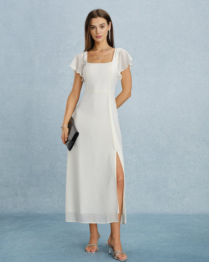 Beige Square Neck Slit Chiffon Maxi Dress