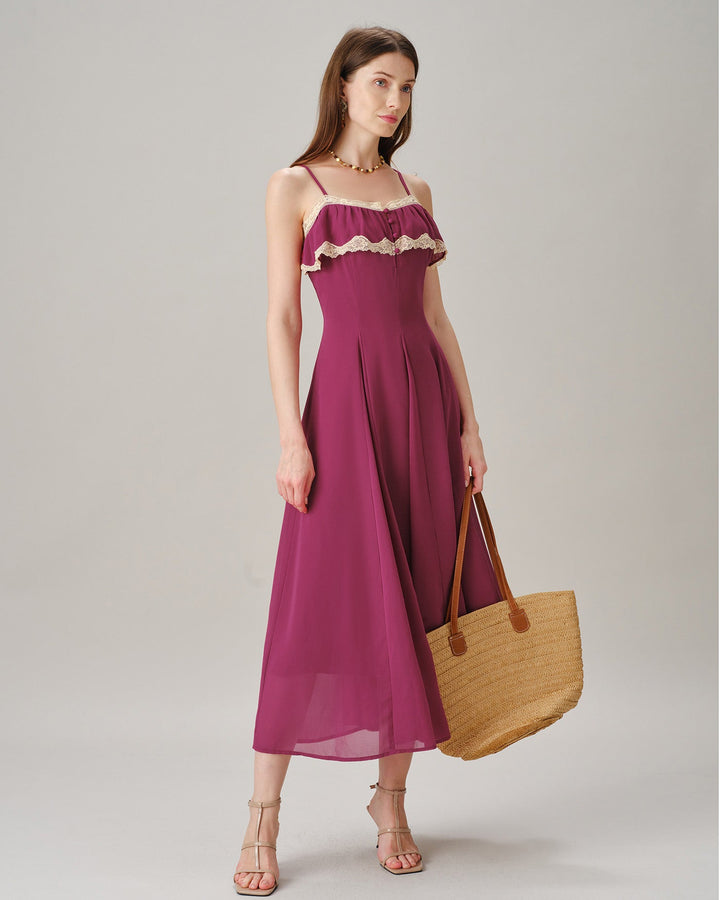Pink Lace Button Slip Chiffon Maxi Dress