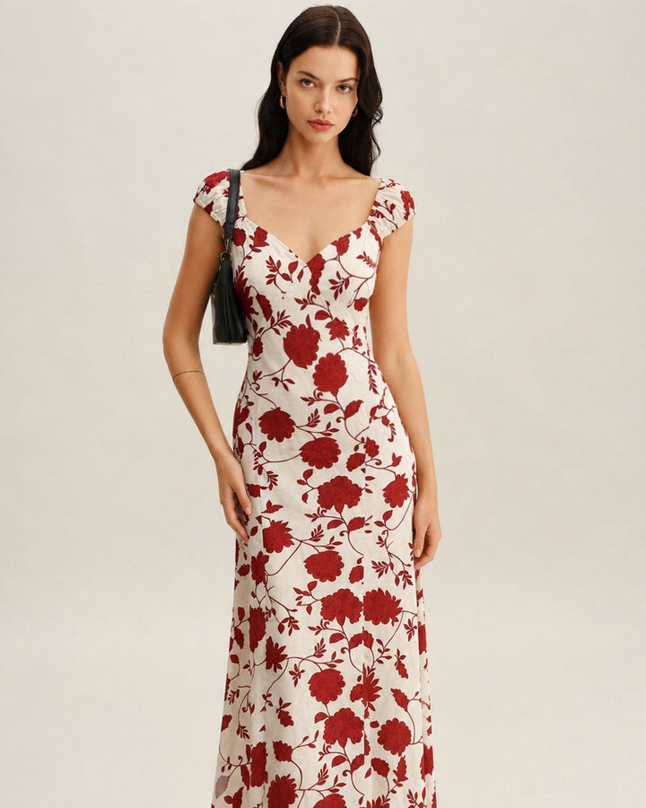 Red Sweetheart Neck Tie Floral Maxi Dress
