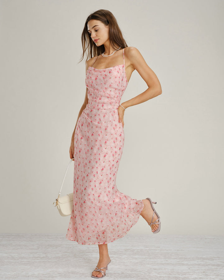 Pink Cowl Neck Floral Slip Maxi Dress