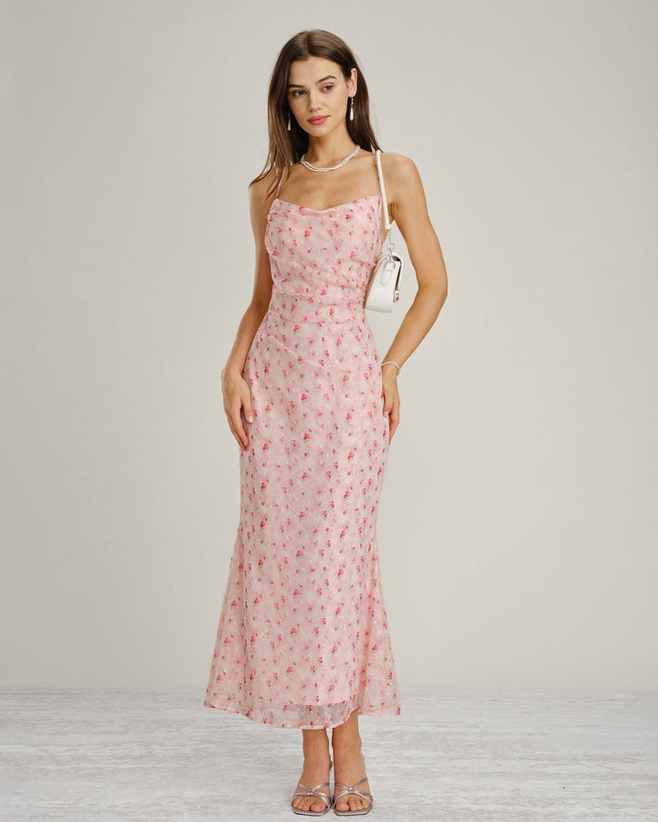 Pink Cowl Neck Floral Slip Maxi Dress