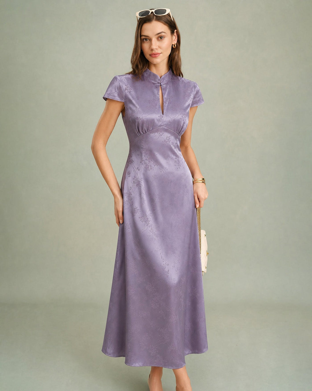 Purple Mandarin Collar Slit Satin Maxi Dress