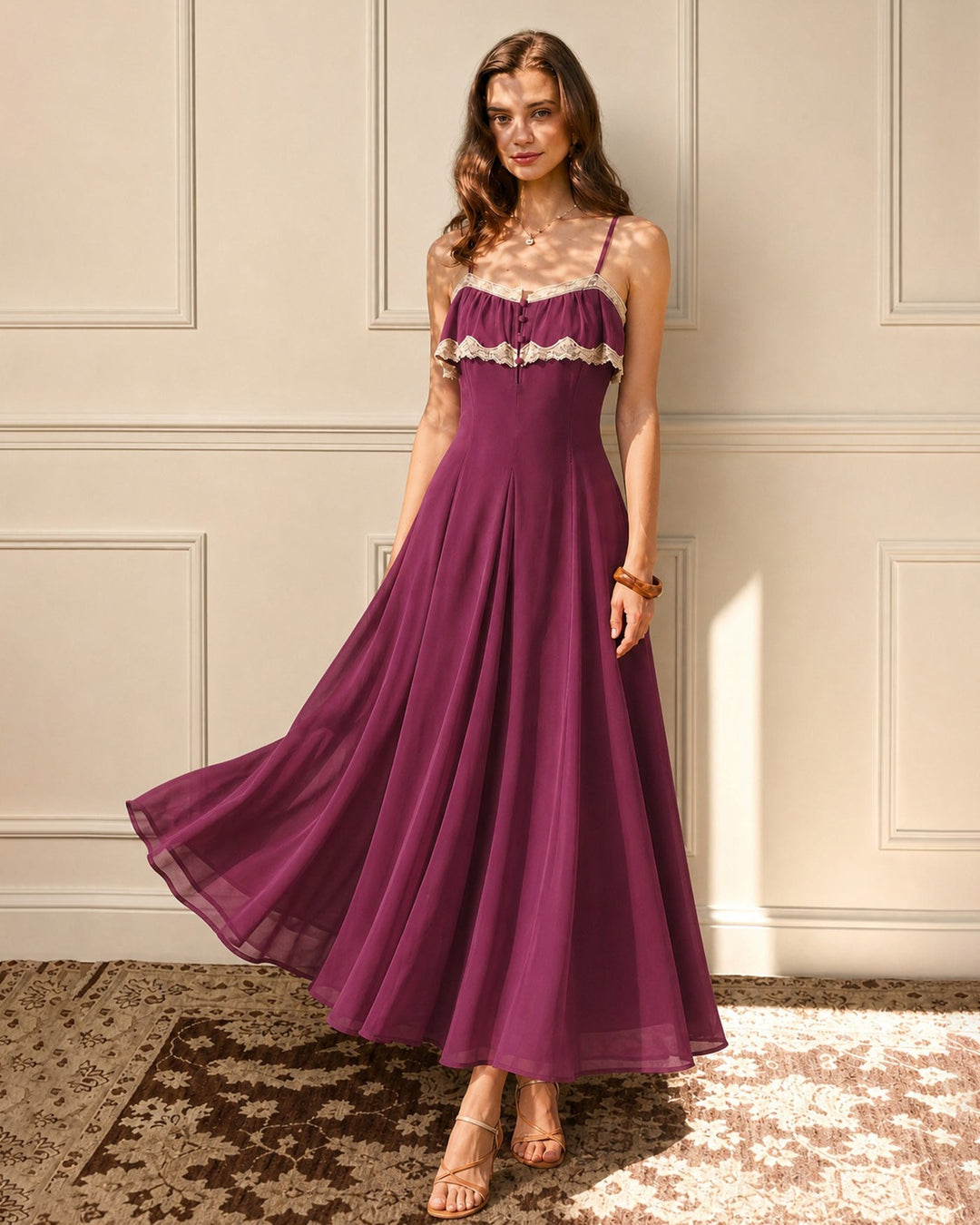 Pink Lace Button Slip Chiffon Maxi Dress