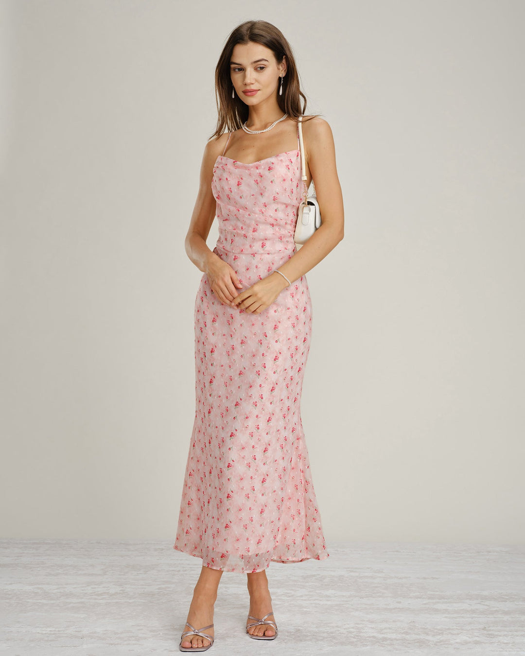 Pink Cowl Neck Floral Slip Maxi Dress