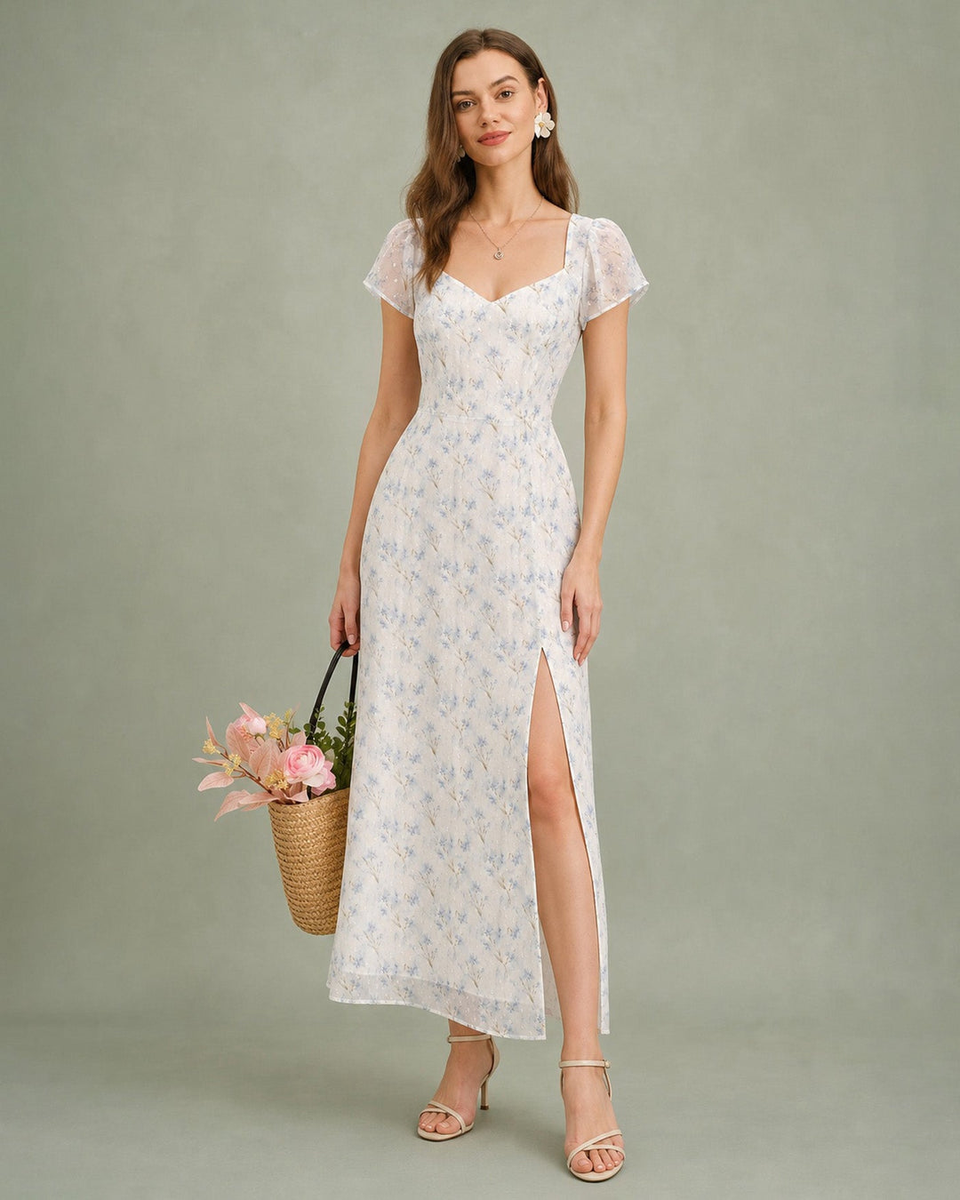 Blue Sweetheart Neck Floral Slit Maxi Dress