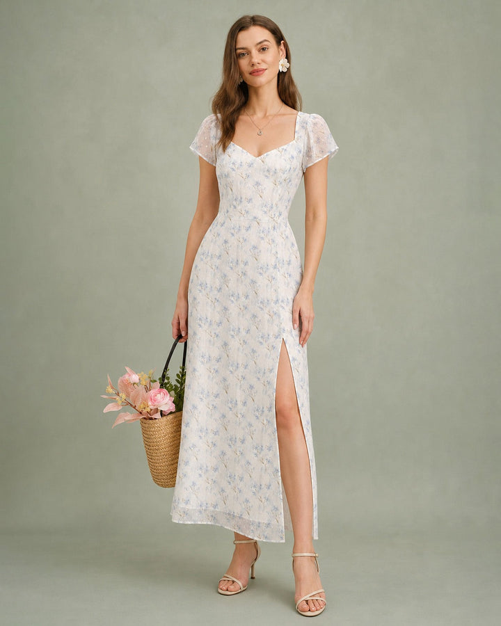 Blue Sweetheart Neck Floral Slit Maxi Dress