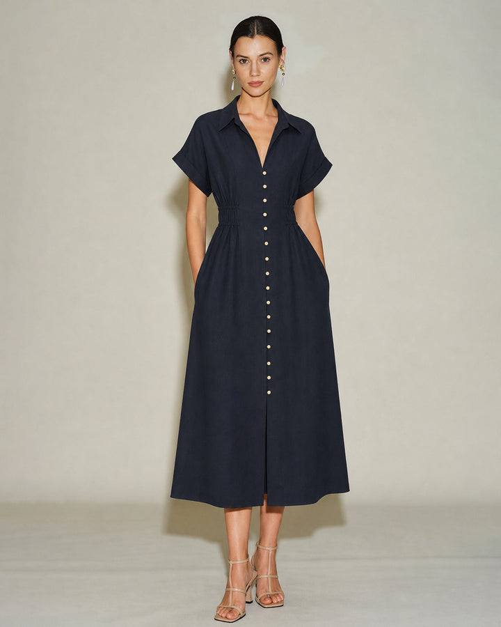 Black V Neck Drop Shoulder Midi Dress