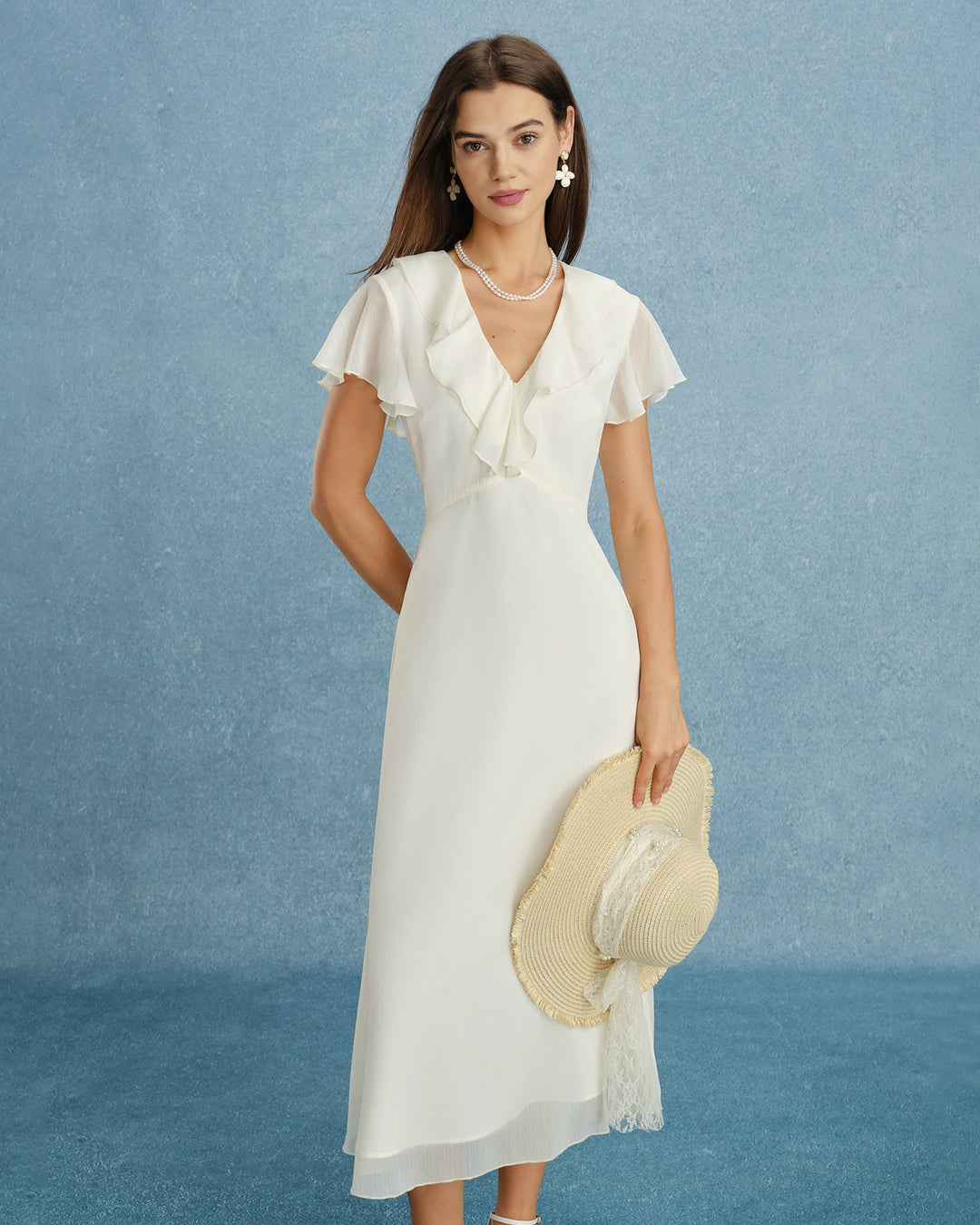 Apricot V Neck Ruffle Chiffon Midi Dress