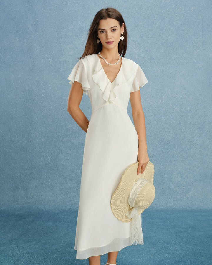 Apricot V Neck Ruffle Chiffon Midi Dress