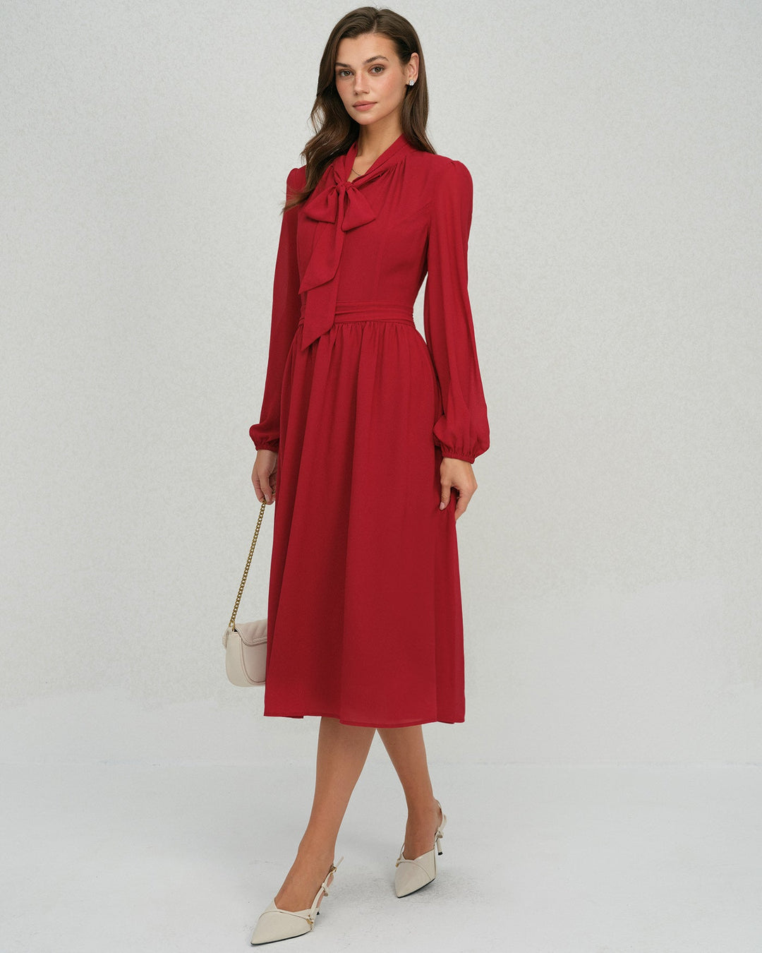 Wine Red Lantern Sleeve Chiffon Midi Dress