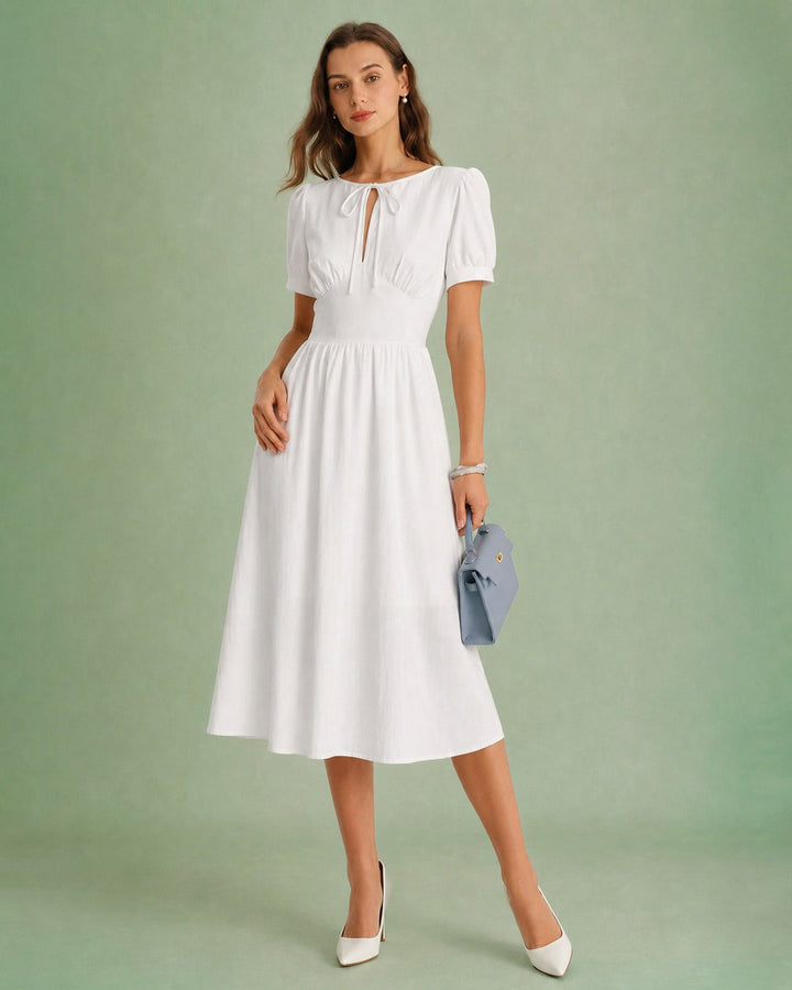 White Puffed Sleeve A-Line Midi Dress