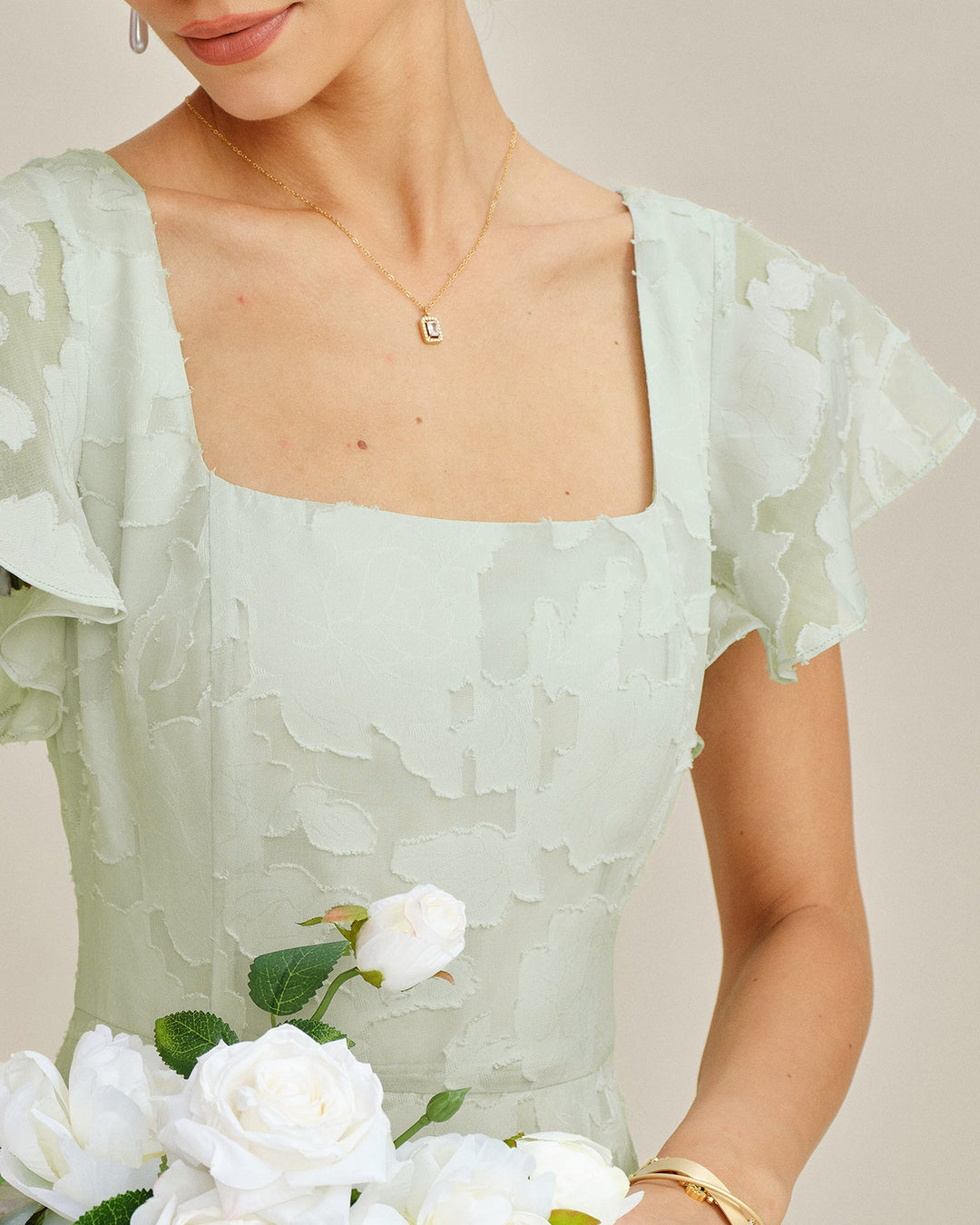 Green Square Neck Floral Textured Midi Dress