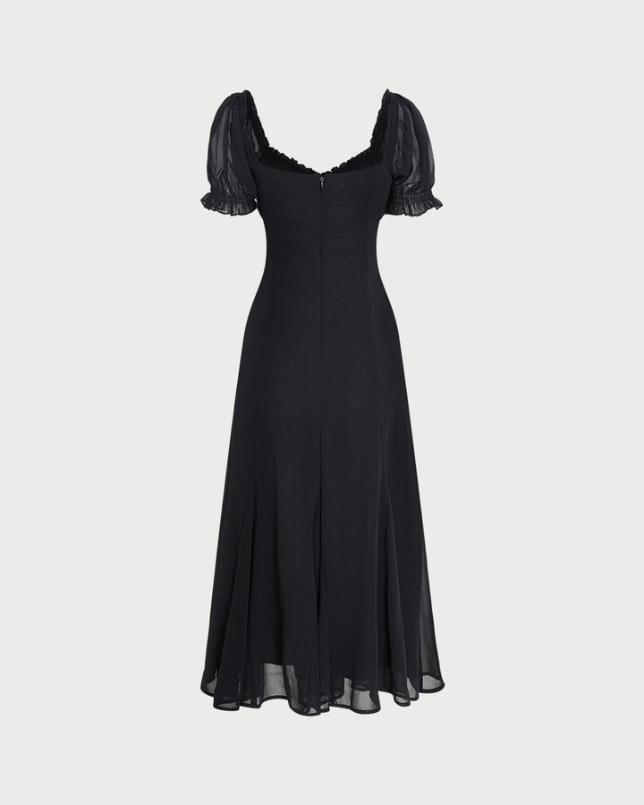 Black V Neck Puffed Sleeve Midi Dress