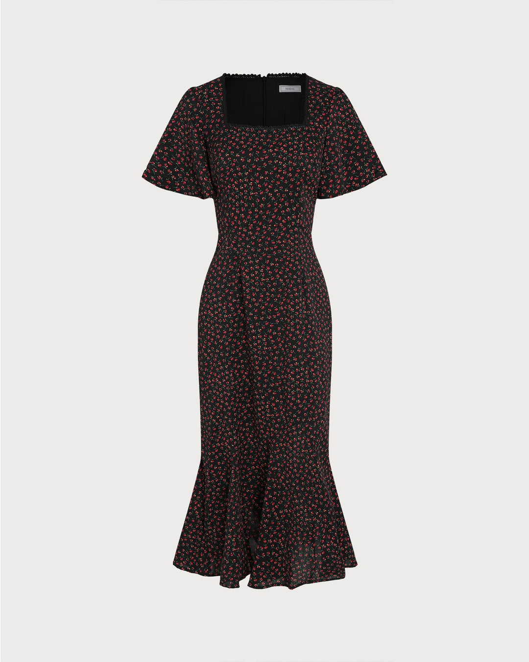 Black Square Neck Butterfly Sleeve Floral Midi Dress