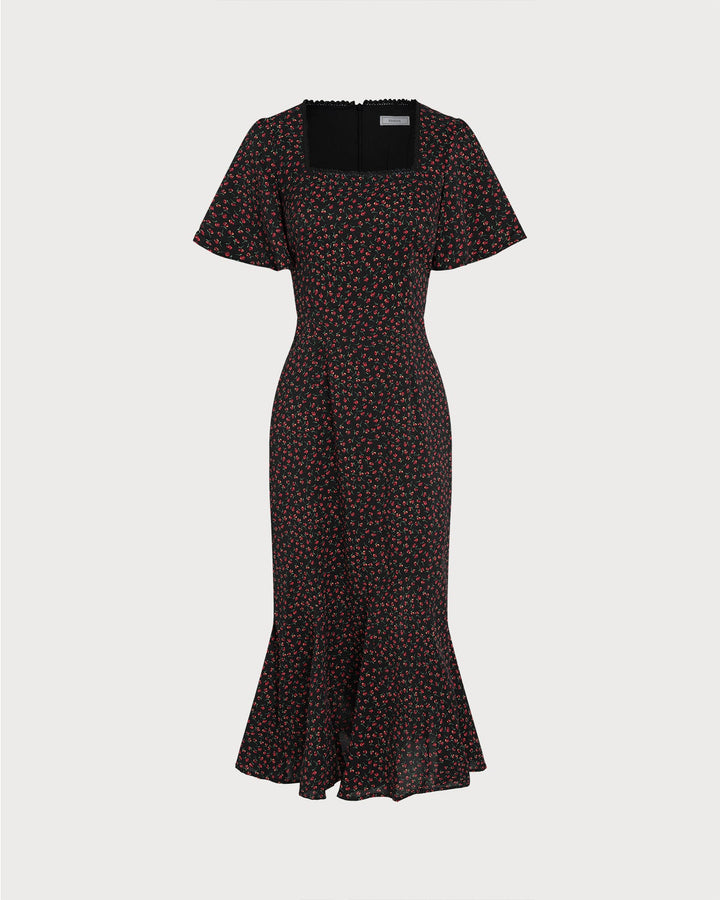 Black Square Neck Butterfly Sleeve Floral Midi Dress