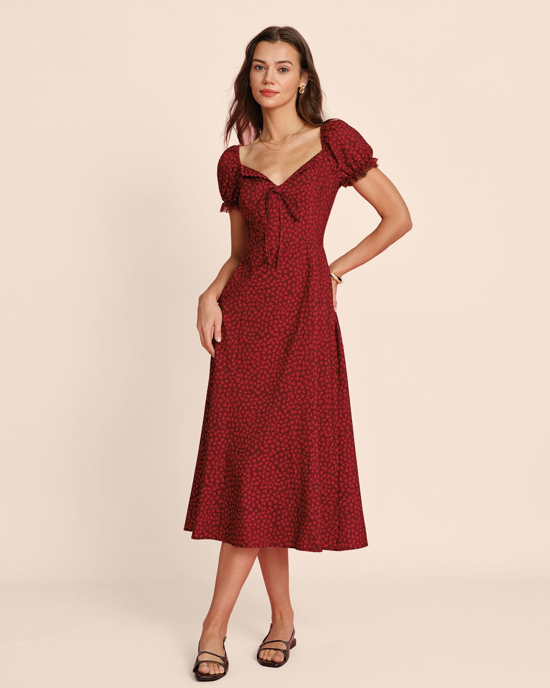 Red V Neck Lace Floral Midi Dress