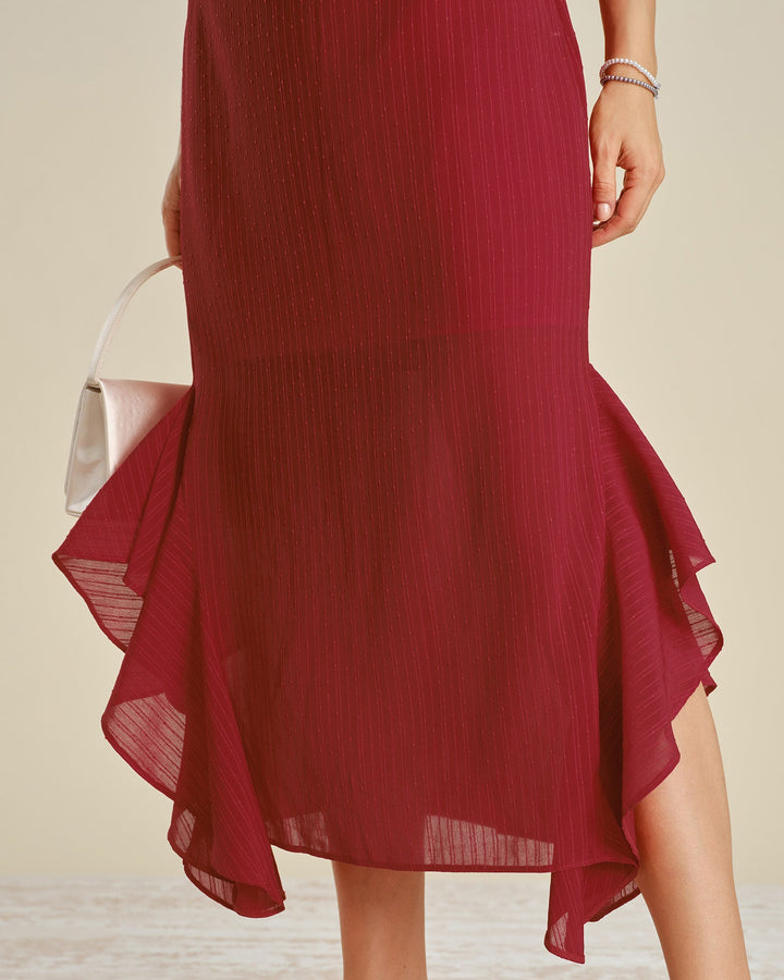 Red Solid Boat Neck Ruffle Midi Dress