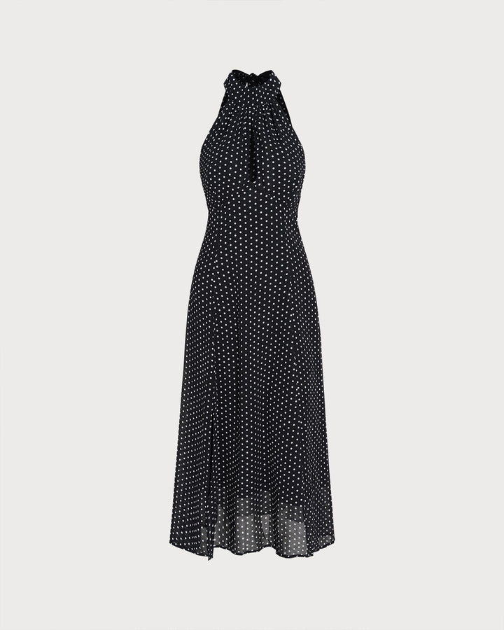 Black Polka Dot Halter Midi Dress