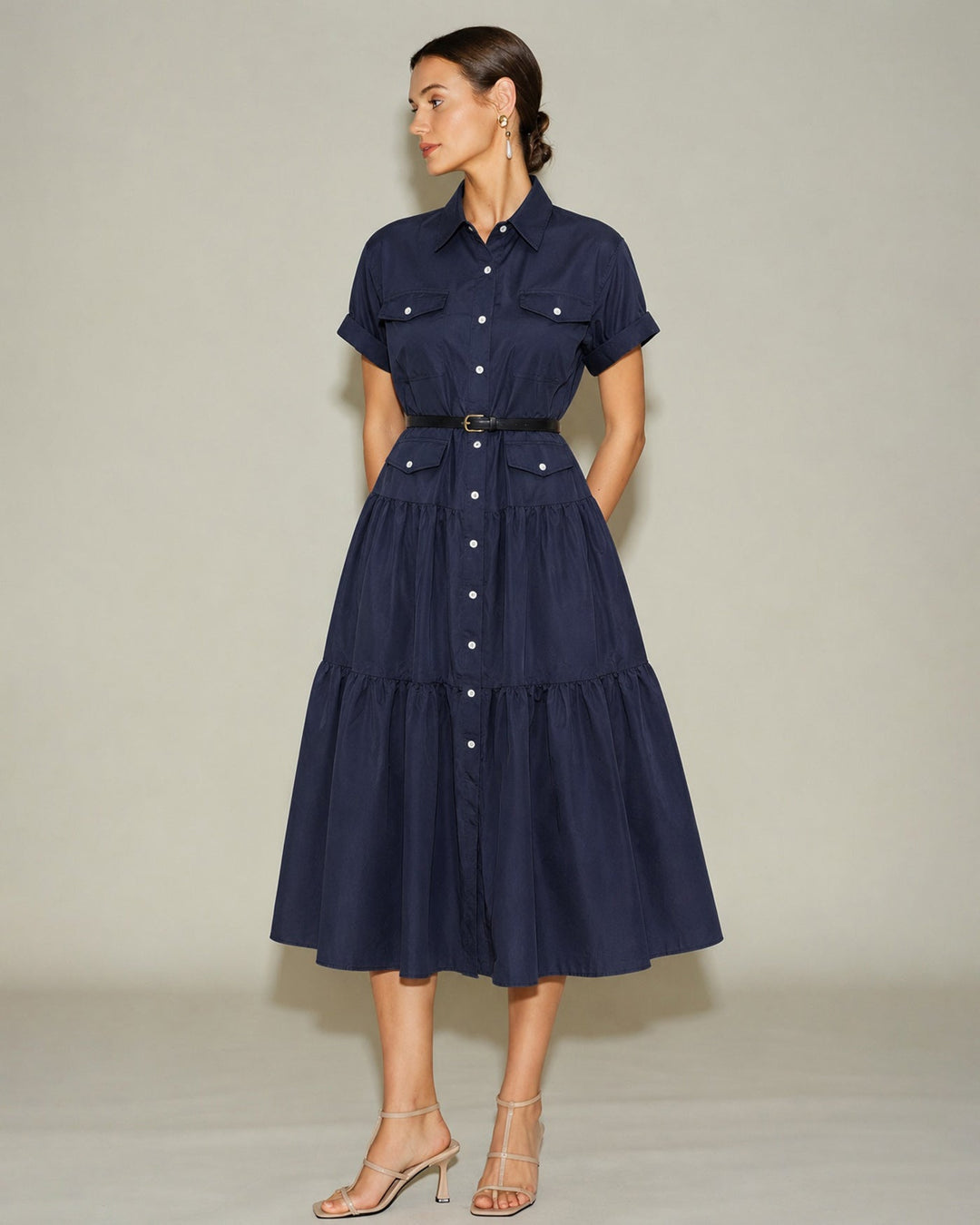 Blue Collar Pockets Button Tunic Midi Dress