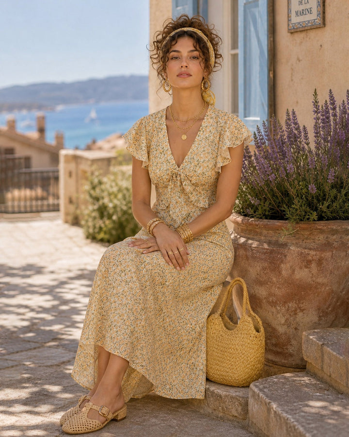 Yellow V Neck Floral Ruffle Midi Dress