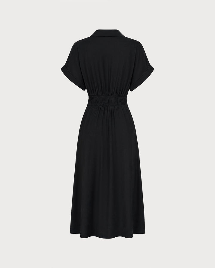 Black V Neck Drop Shoulder Midi Dress
