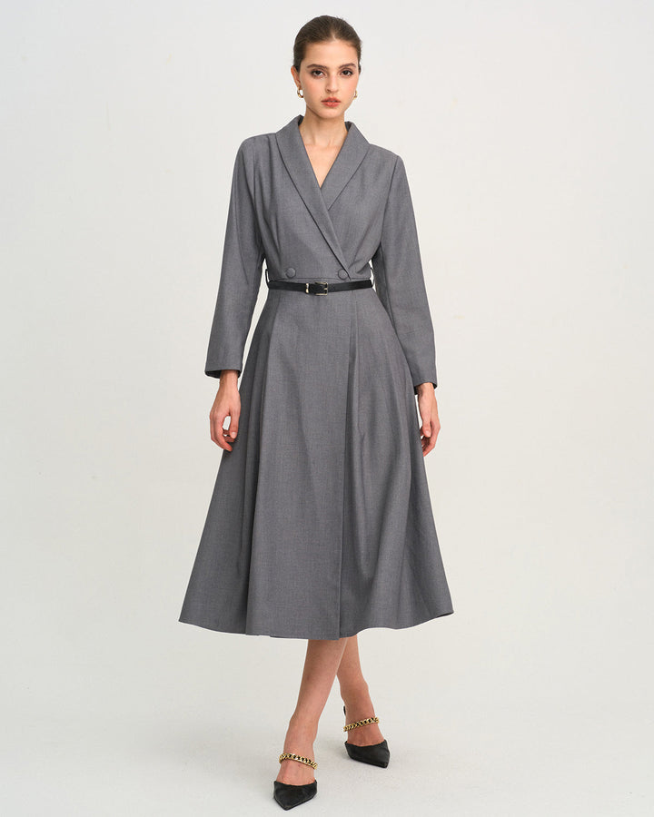 Grey Button A-Line Midi Dress