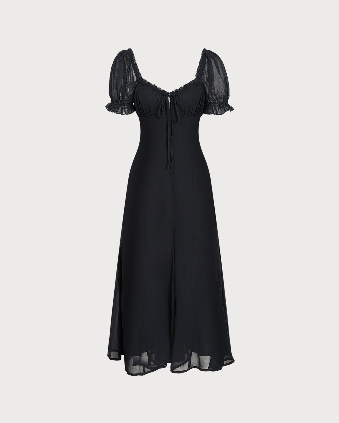 Black V Neck Puffed Sleeve Midi Dress