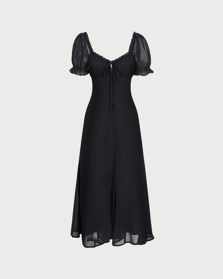 Black V Neck Puffed Sleeve Midi Dress