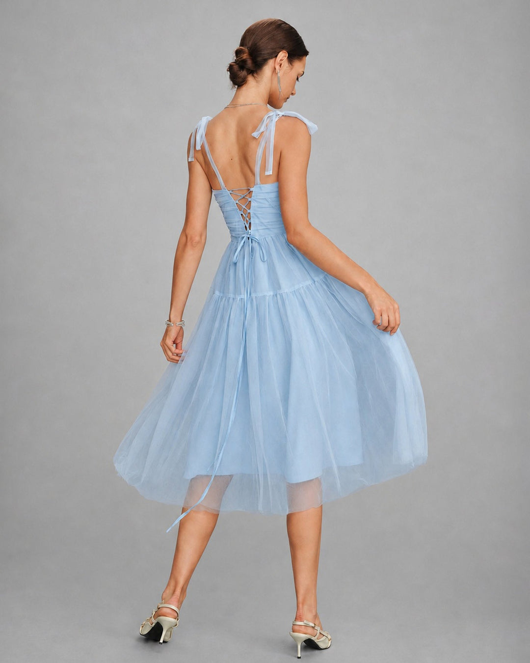 Blue Square Neck Mesh Slip Midi Dress