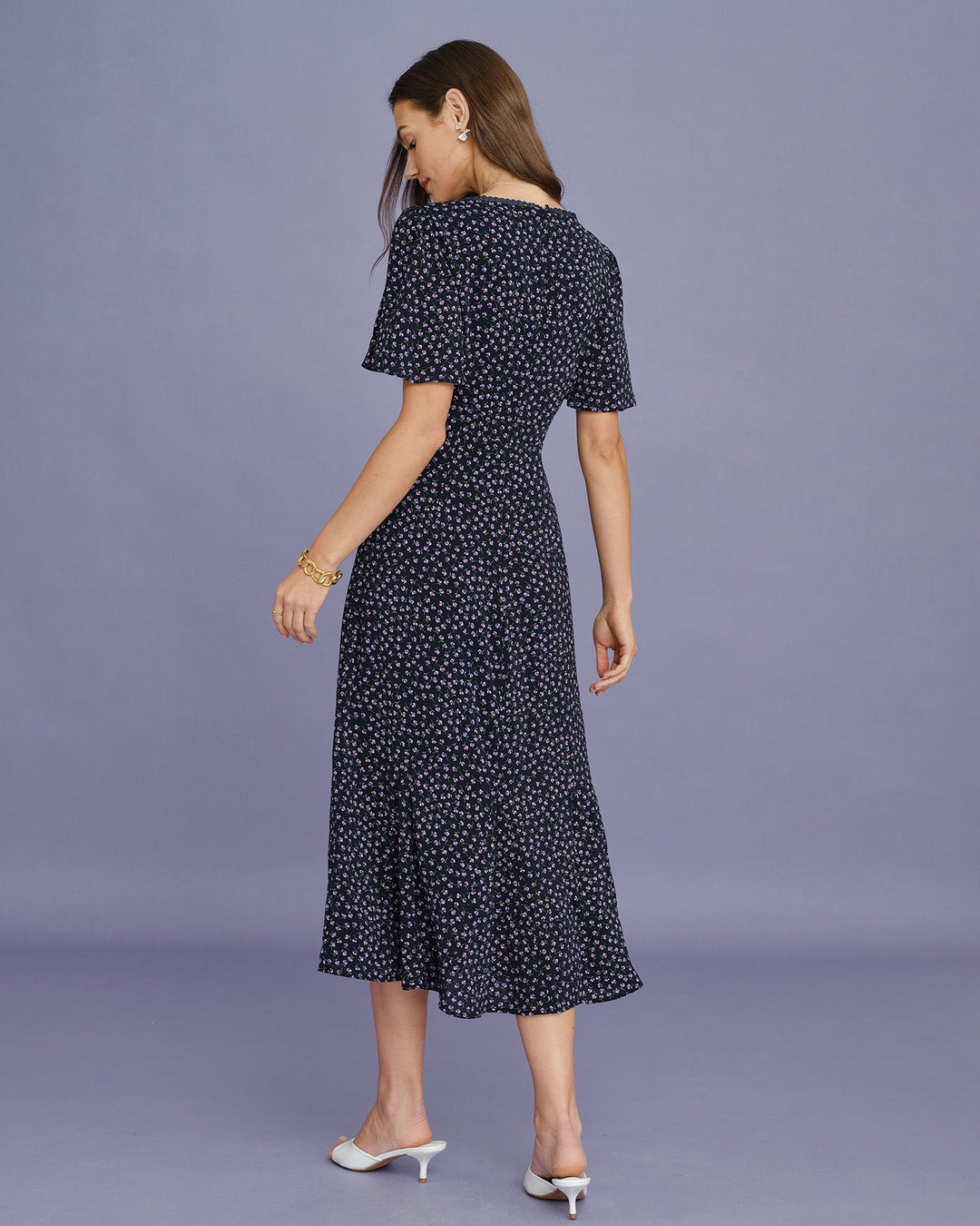 Purple Floral Butterfly Sleeve Midi Dress