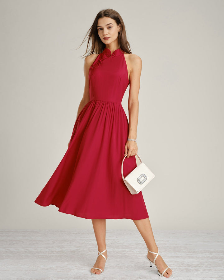 Red Mandarin Collar Pockets Midi Dress